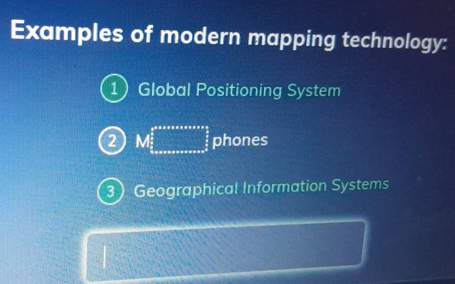 Examples of modern mapping technology: 
1 Global Positioning System 
2 M:∈tlimits _0^((e^x)· x· e· x· x· x)(∈tlimits _0)^e phones 
3) Geographical Information Systems