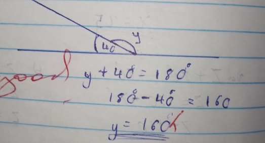 (4c) y
y+40°=180°
180°-40°=160°
y=16ch