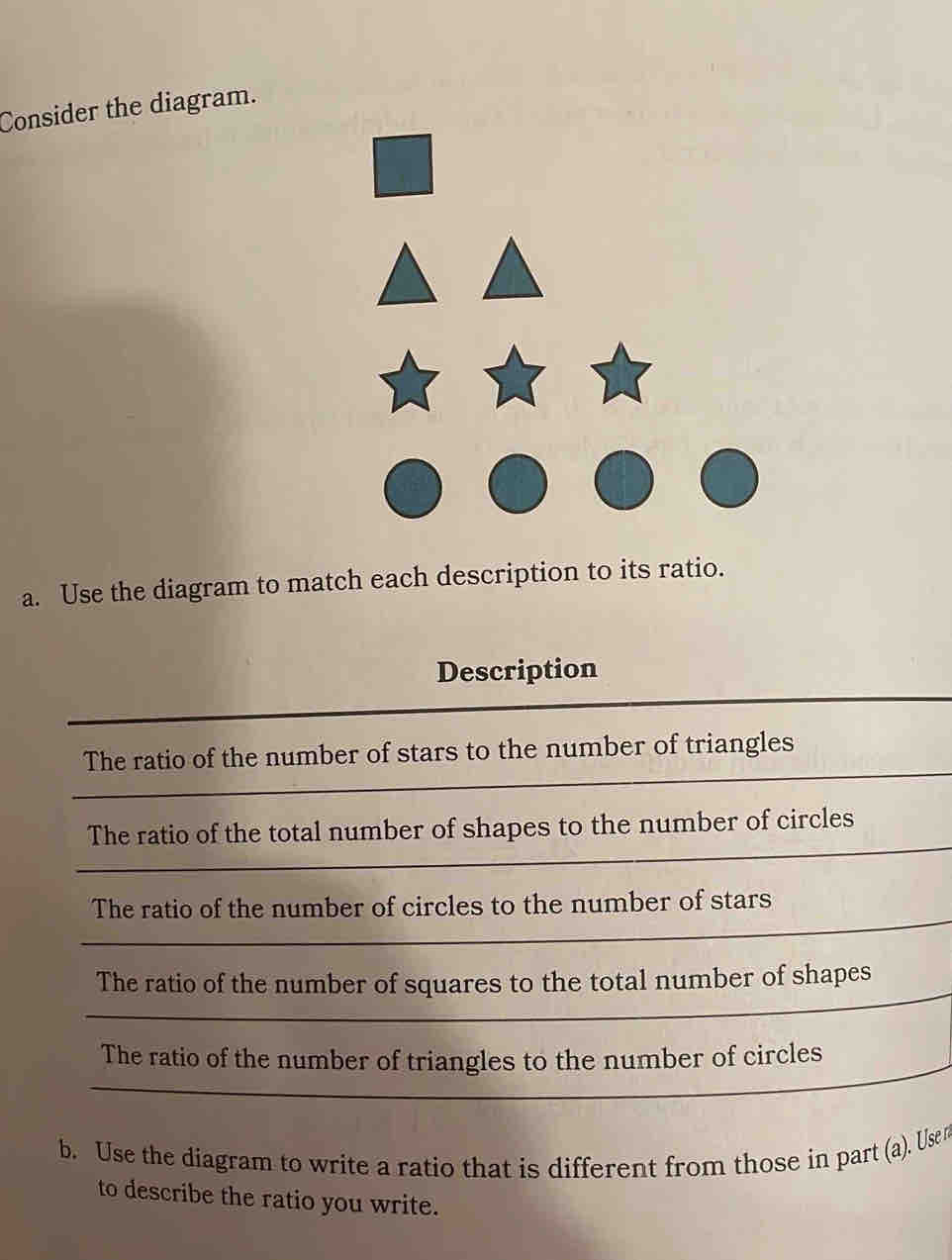 Consider the diagram.
a. Use the diagram to match each description to its ratio.
Description
The ratio of the number of stars to the number of triangles
The ratio of the total number of shapes to the number of circles
The ratio of the number of circles to the number of stars
The ratio of the number of squares to the total number of shapes
The ratio of the number of triangles to the number of circles
b. Use the diagram to write a ratio that is different from those in part (a). Use
to describe the ratio you write.