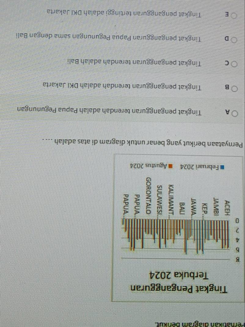 Perhatikán diagram berikut.
B
b
4
2
0
Pernyataan berikut yang benar untuk diagram di atas adalah ... .
A Tingkat pengangguran terendah adalah Papua Pegunungan
B Tingkat pengangguran terendah adalah DKI Jakarta
C Tingkat pengangguran terendah adalah Bali
D Tingkat pengangguran Papua Pegunungan sama dengan Bali
E Tingkat pengangguran tertinggi adalah DKI Jakarta