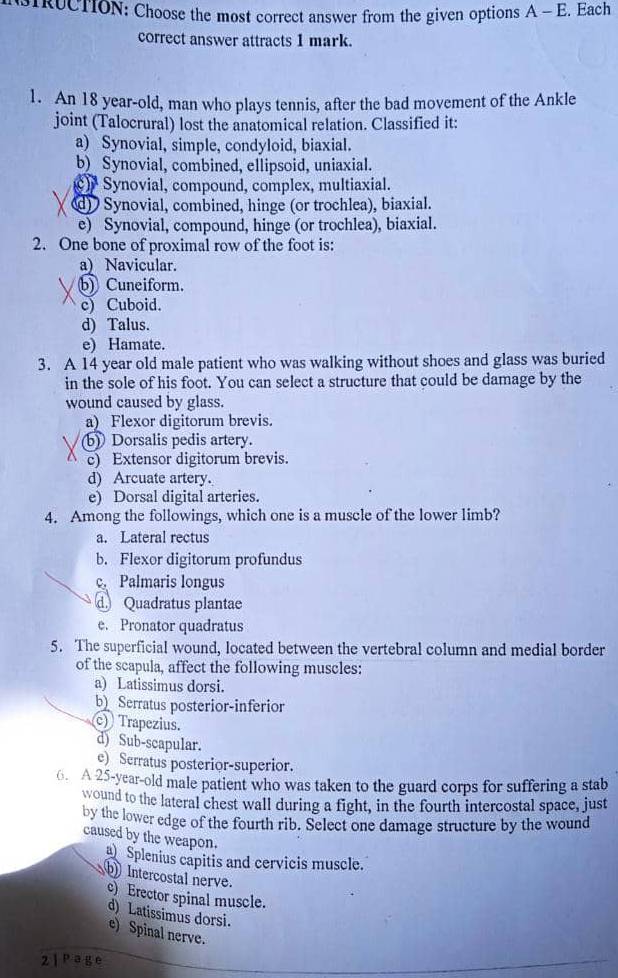 TRUCTION: Choose the most correct answer from the given options A-E. Each
correct answer attracts 1 mark.
1. An 18 year-old, man who plays tennis, after the bad movement of the Ankle
joint (Talocrural) lost the anatomical relation. Classified it:
a) Synovial, simple, condyloid, biaxial.
b) Synovial, combined, ellipsoid, uniaxial.
c) Synovial, compound, complex, multiaxial.
) Synovial, combined, hinge (or trochlea), biaxial.
e) Synovial, compound, hinge (or trochlea), biaxial.
2. One bone of proximal row of the foot is:
a) Navicular.
b) Cuneiform.
c) Cuboid.
d) Talus.
e) Hamate.
3. A 14 year old male patient who was walking without shoes and glass was buried
in the sole of his foot. You can select a structure that could be damage by the
wound caused by glass.
a) Flexor digitorum brevis.
(b) Dorsalis pedis artery.
c) Extensor digitorum brevis.
d) Arcuate artery.
e) Dorsal digital arteries.
4. Among the followings, which one is a muscle of the lower limb?
a. Lateral rectus
b. Flexor digitorum profundus
c. Palmaris longus
d Quadratus plantae
e. Pronator quadratus
5. The superficial wound, located between the vertebral column and medial border
of the scapula, affect the following muscles:
a) Latissimus dorsi.
b Serratus posterior-inferior
c) Trapezius.
d) Sub-scapular.
e) Serratus posterior-superior.
6. A 25-year-old male patient who was taken to the guard corps for suffering a stab
wound to the lateral chest wall during a fight, in the fourth intercostal space, just
by the lower edge of the fourth rib. Select one damage structure by the wound
caused by the weapon.
Splenius capitis and cervicis muscle.
Intercostal nerve.
c) Erector spinal muscle.
d) Latissimus dorsi.
e) Spinal nerve.
21Page