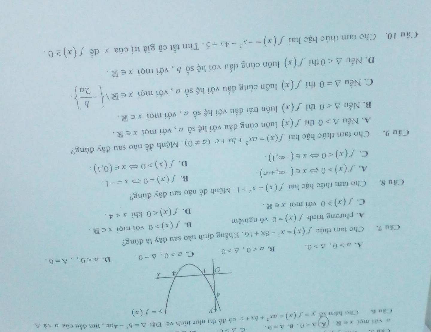 a với mọi x∈ R A. △ <0</tex> 、 B. △ =0. C. △ >0.
Câu 6. Cho hàm số y=f(x)=ax^2+bx+c có đồ thị như hình vẽ. Đặt △ =b^2-4ac , tìm dấu của α và Δ.
y=f(x)
A. a>0,△ >0. B. a<0,△ >0. C. a>0,△ =0. D. a<0,,△ =0.
Cầu 7. Cho tam thức f(x)=x^2-8x+16. Khẳng định nào sau đây là đúng?
B. f(x)>0 với mọi x∈ R.
A. phương trình f(x)=0 vô nghiệm.
D. f(x)<0</tex> khi x<4.
C. f(x)≥ 0 với mọi x∈ R.
Câu 8. Cho tam thức bậc hai f(x)=x^2+1. Mệnh đề nào sau đây đúng?
B. f(x)=0 、 x=-1.
A. f(x)>0 x∈ (-∈fty ,+∈fty ).
D. f(x)>0 x∈ (0;1).
C. f(x)<0</tex> x∈ (-∈fty ,1).
Câu 9. Cho tam thức bậc hai f(x)=ax^2+bx+c(a!= 0). Mệnh đề nào sau dây đúng?
A. Nếu △ >0 thì f(x) luôn cùng dấu với hệ số a , với mọi x∈ R.
B. Nếu △ <0</tex> thì f(x) luôn trái dấu với hệ số a , với mọi x∈ R.
C. Nếu △ =0 thì f(x) luôn cùng dấu với hệ số a , với mọi x∈ R| - b/2a  .
D. Nếu △ <0</tex> thì f(x) luôn cùng dấu với hệ số 6 , với mọi x∈ R.
Câu 10. Cho tam thức bậc hai f(x)=-x^2-4x+5. Tìm tất cả giá trị của x đề f(x)≥ 0.