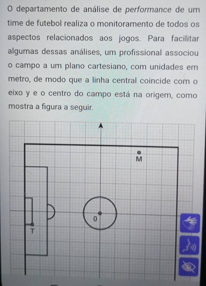 departamento de análise de performance de um 
time de futebol realiza o monitoramento de todos os 
aspectos relacionados aos jogos. Para facilitar 
algumas dessas análises, um profissional associou 
o campo a um plano cartesiano, com unidades em 
metro, de modo que a linha central coincide com o 
eixo y e o centro do campo está na origem, como 
mostra a figura a seguir.