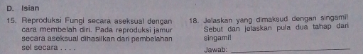 D. Isian
15. Reproduksi Fungi secara aseksual dengan 18. Jelaskan yang dimaksud dengan singami!
cara membelah diri. Pada reproduksi jamur
secara aseksual dihasilkan dari pembelahan Sebut dan jelaskan pula dua tahap dan
sel secara_ singami!_
Jawab: