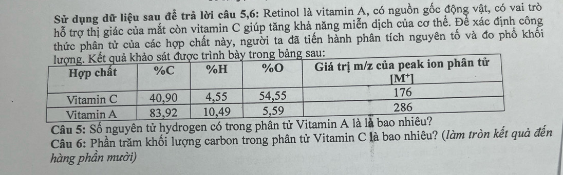 Sử dụng dữ liệu sau để trả lời câu 5,6: Retinol là vitamin A, có nguồn gốc động vật, có vai trò
hỗ trợ thị giác của mắt còn vitamin C giúp tăng khả năng miễn dịch của cơ thể. Đề xác định công
thức phân tử của các hợp chất này, người ta đã tiến hành phân tích nguyên tố và đo phổ khối
bảng sau:
Câu 5: Số nguyên tử hydrogen có trong phân tử Vitamin A 
Câu 6: Phần trăm khối lượng carbon trong phân tử Vitamin C là bao nhiêu? (làm tròn kết quả đến
hàng phần mười)