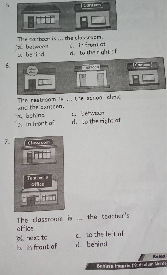 The canteen is ... the classroom.
a between c. in front of
b. behind d. to the right of
6.
RESTROOM Canteen
0 0
The restroom is ... the school clinic
and the canteen.
a. behind c, between
b. in front of d. to the right of
7.
The classroom is ... the teacher's
office.
next to c. to the left of
b. in front of d. behind
Kelas
Bahasa Inggris (Kurikulum Merde