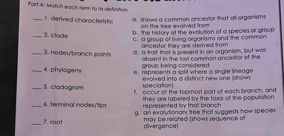 Match each term to its definition.
_1. derived characteristic a. shows a common ancestor that all organisms
on the tree evolved from
_2. clade
b. the history of the evolution of a species or group
c. a group of living organisms and the common
ancestor they are derived from
_3. nodes/branch points d. a trait that is present in an organism, but was
absent in the last common ancestor of the
group being considered
_4. phylogeny
e. represents a split where a single lineage
evolved into a distinct new one (shows
_5. cladogram speciation)
f. occur at the topmost part of each branch, and
they are labeled by the taxa of the population
_6. terminal nodes/tips represented by that branch
g. an evolutionary tree that suggests how species
_7. root may be related (shows sequence of
divergence)