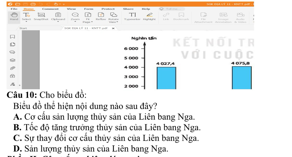 SGK DIA LÝ 11 - KNTT.pdf
File View Form Protect Share Help Tell me...
Ft File Image
Hand Select SnapShot Clipboard Page Reflow Rotate Typewriter Highlight Link Bookmark Attachment Annotation & Video Audio
View =
Start SGK ĐIA LÝ 11 - KNTT.pdf
Câu 10: Cho biểu đồ:
Biểu đồ thể hiện nội dung nào sau đây?
A. Cơ cấu sản lượng thủy sản của Liên bang Nga.
B. Tốc độ tăng trưởng thủy sản của Liên bang Nga.
C. Sự thay đổi cơ cấu thủy sản của Liên bang Nga.
D. Sản lượng thủy sản của Liên bang Nga.