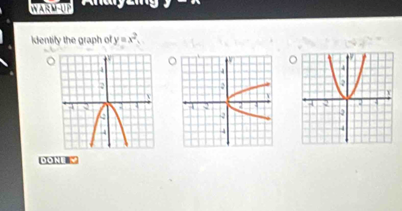 WARM-UP A n y 2 
identify the graph of y=x^2. 

DONE