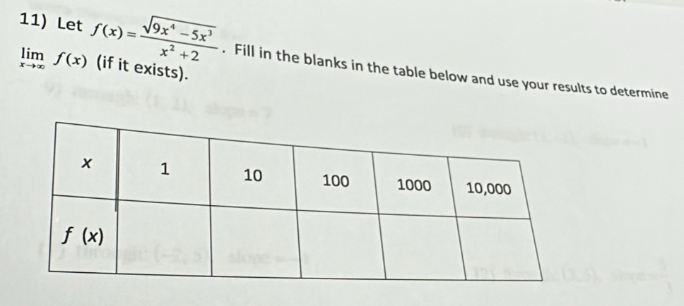 Let f(x)= (sqrt(9x^4-5x^3))/x^2+2  (if it exists).
limlimits _xto ∈fty f(x). Fill in the blanks in the table below and use your results to determine