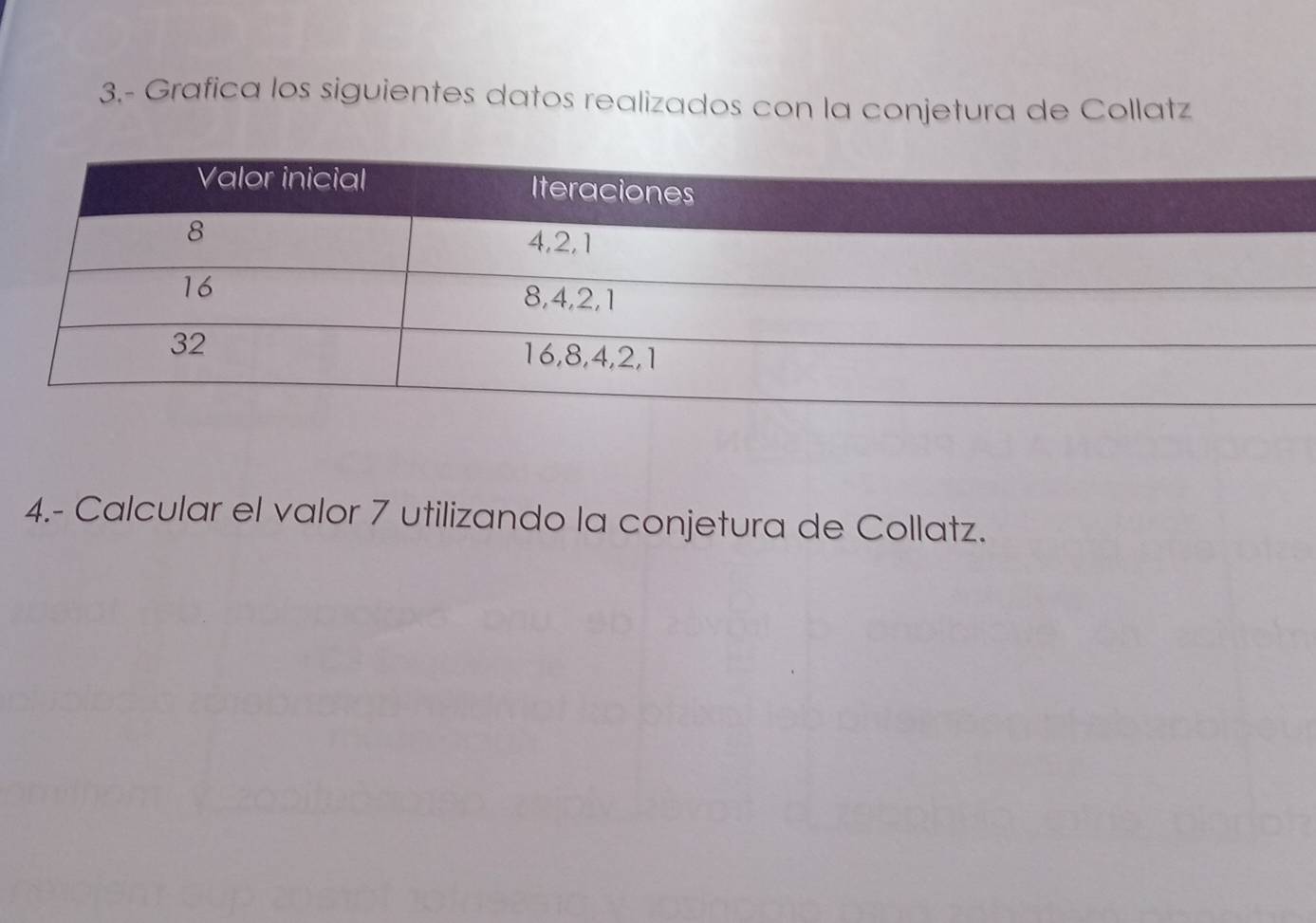 3.- Grafica los siguientes datos realizados con la conjetura de Collatz 
4.- Calcular el valor 7 utilizando la conjetura de Collatz.