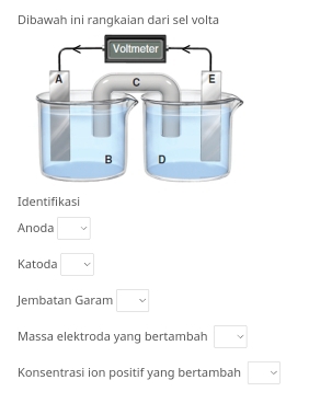 Dibawah ini rangkaian dari sel volta 
Identifikasi 
Anoda □ 
Katoda □ v
Jembatan Garam □ 
Massa elektroda yang bertambah □ 
Konsentrasi ion positif yang bertambah □