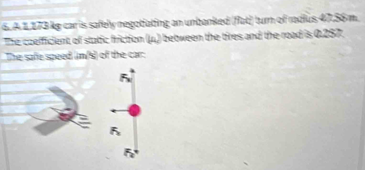 A 1,173 kg car is safely negotiating an unbanked (flat) turn of radius 47.56 m. 
The coefficient of static friction (μ.) between the tires and the road is 0.257. 
The safe speed (in/s) of the car:
5
5