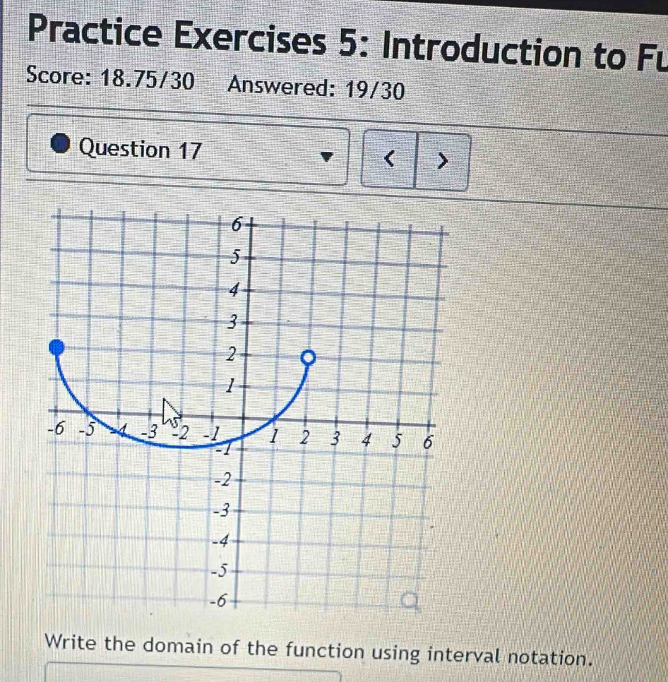 Practice Exercises 5: Introduction to Fu 
Score: 18.75/30 Answered: 19/30 
Question 17 < > 
Write the domain of the function using interval notation.