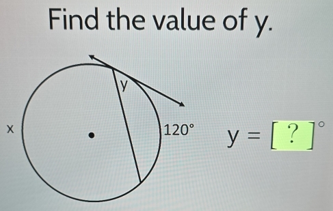 Find the value of y.
×
y=[?]^circ 