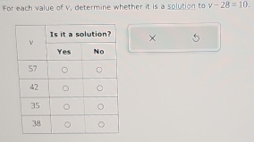 For each value of v, determine whether it is a solution to v-28=10. 
×