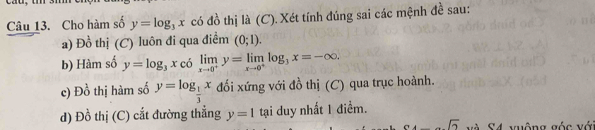 Cho hàm số y=log _3x có đồ thị là (C). Xét tính đúng sai các mệnh đề sau: 
a) Đồ thị (C) luôn đi qua điểm (0;1). 
b) Hàm số y=log _3x có limlimits _xto 0^+y=limlimits _xto 0^+log _3x=-∈fty. 
c)Đ o thị hàm số y=log _ 1/3 x đối xứng với đồ thị (C) qua trục hoành. 
d) Đồ thị (C) cắt đường thẳng y=1 tại duy nhất 1 điểm. 
à S4 vuộng gốc vớ