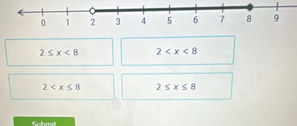 2≤ x<8</tex>
2
2
2≤ x≤ 8
Submit