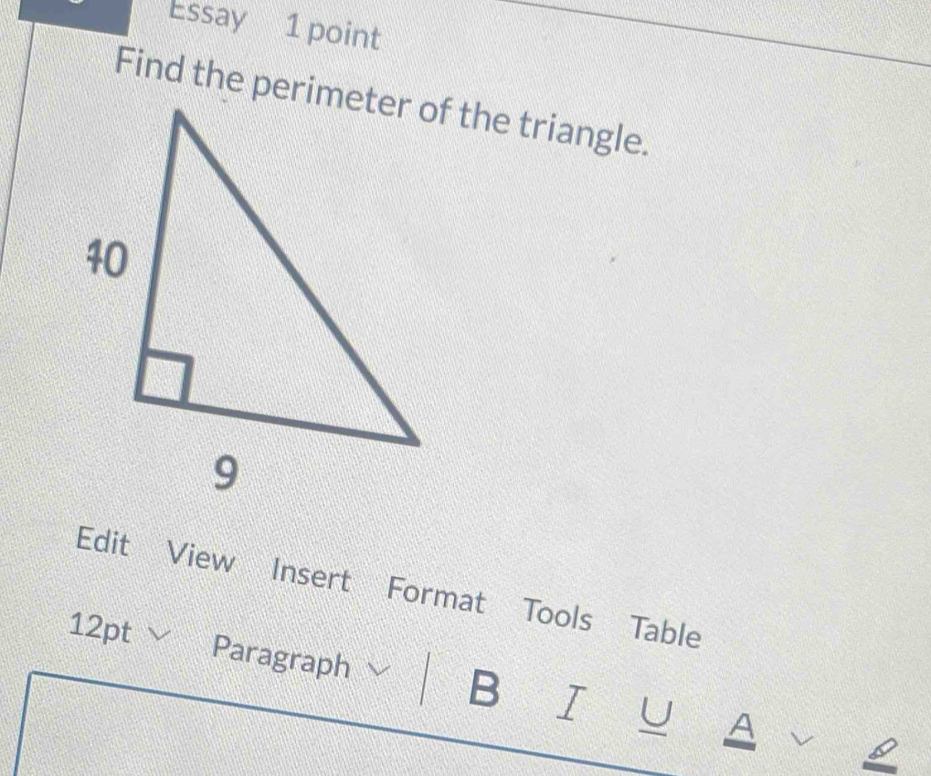 Essay 1 point 
Edit View Insert Format Tools Table 
12pt Paragraph 
B I U A