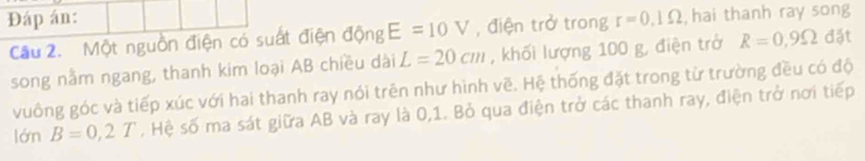 Đáp án: r=0.1Omega , hai thanh ray song 
Cầu 2. Một nguồn điện có suất điện động E=10V , điện trở trong 
song nằm ngang, thanh kim loại AB chiều dài L=20cm , khối lượng 100 g, điện trở R=0,9Omega đặt 
vuông góc và tiếp xúc với hai thanh ray nói trên như hình vẽ. Hệ thống đặt trong từ trường đều có độ 
lớn B=0,2T , Hệ số ma sát giữa AB và ray là 0, 1. Bỏ qua điện trở các thanh ray, điện trở nơi tiếp