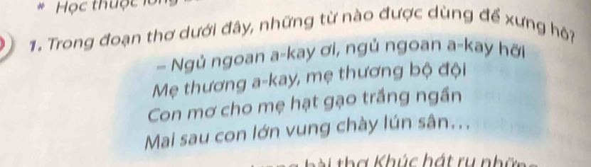 Học thuộc lới 
1. Trong đoạn thơ dưới đây, những từ nào được dùng để xưng hô? 
— Ngủ ngoan a-kay ơi, ngủ ngoan a-kay hỡi 
Mẹ thương a-kay, mẹ thương bộ đội 
Con mơ cho mẹ hạt gạo trắng ngần 
Mai sau con lớn vung chày lún sân. . .