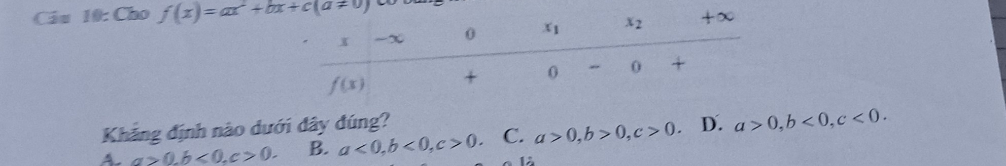 Cầu 10: Cho f(x)=ax^2+bx+c(a!= 0)
Khẳng định nào dưới đây đúng?
A. a>0.b<0,c>0. B. a<0,b<0,c>0 C. a>0,b>0,c>0 D. a>0,b<0,c<0.