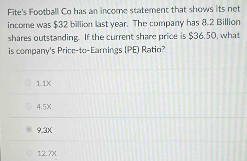 Fite's Football Co has an income statement that shows its net
income was $32 billion last year. The company has 8.2 Billion
shares outstanding. If the current share price is $36.50, what
is company's Price-to-Earnings (PE) Ratio?
1.1X
4.5X
9.3X
12.7X