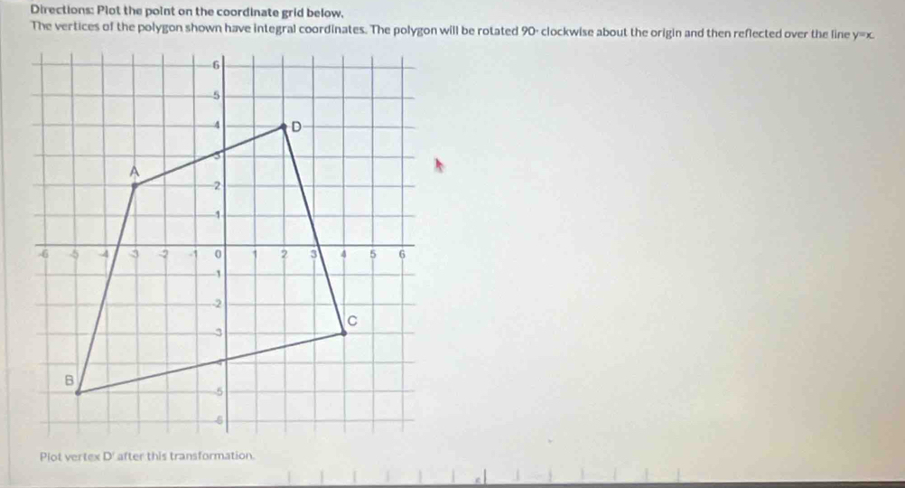 Directions: Plot the point on the coordinate grid below, 
The vertices of the polygon shown have integral coordinates. The polygon will be rotated 90 : clockwise about the origin and then reflected over the line y=x. 
Plot vertex D' after this transformation.