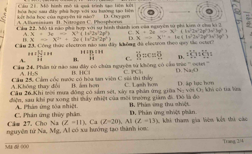 Mô hình mô tả quá trình tạo liên kết
hóa học sau đây phù hợp với xu hướng tạo liên
c kết hóa học của nguyên tử nào? D. Oxygen
A.Alluminium B. Nitrogen C. Phosphorus
Câu 22. Mô tả nào phù hợp với sự hình thành ion của nguyên tử phi kim ở chu kỉ 2
A. X+3e= X^3· (1s^22s^22p^6) C. X+2e= X^2(1s^22s^22p^63s^23p^6)
B. X=>X^(2+)+2e(1s^22s^22p^6) D. X=>X^(1+)+1e(1s^22s^22p^63s^23p^6)
Câu 23. Công thức electron nào sau đây không đủ electron theo quy tắc octet?
A. H:[^-][_([])^-
H:B:H
B. H C. ^*C::O::0:_.^.C:_.^.0 D. :C1:C1:
Câu 24. Phân tử nào sau đây có chứa nguyên tử không có cấu trúc “ octet
A. H_2S B. HCl C. PCl_5
D. Na_2O
Câu 25. Cầm cốc nước có hòa tan viên C sủi thì thấy
A.Không thay đổi B. ấm hơn C. Lạnh hơn D. áp lực hơn
Câu 26.Khi trời mưa dông có sấm sét, xảy ra phản ứng giữa N_2 với O_2 khi có tia lửa
điện, sau khi pư xong thì thấy nhiệt của môi trường giảm đi. Đó là do
A. Phản ứng tỏa nhiệt. B. Phản ứng thu nhiệt.
C. Phản ứng thủy phân. D. Phản ứng nhiệt phân.
Câu 27. Cho Na(Z=11) , Ca (Z=20),Al(Z=13) , khi tham gia liên kết thì các
nguyên tử Na, Mg, Al có xu hướng tạo thành ion:
Trang 2/4
Mã đề 000