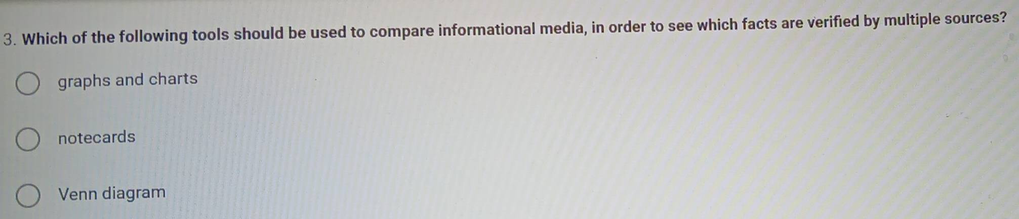 Which of the following tools should be used to compare informational media, in order to see which facts are verified by multiple sources?
graphs and charts
notecards
Venn diagram