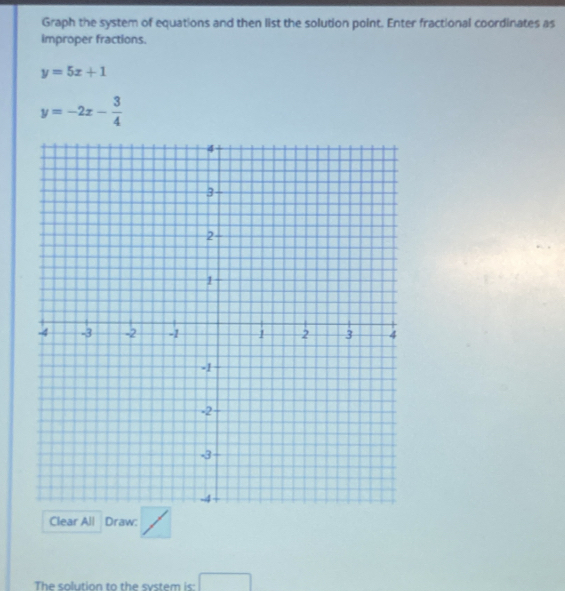 Graph the system of equations and then list the solution point. Enter fractional coordinates as 
improper fractions.
y=5x+1
y=-2x- 3/4 
Clear All Draw: 
The solution to the sy stem is □