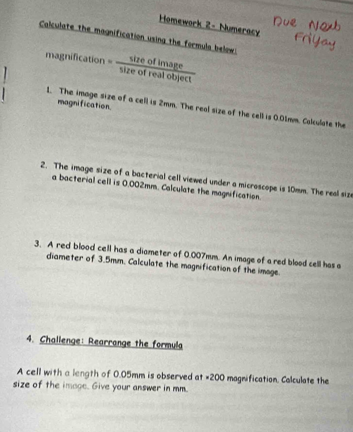 Homework 2- Numeracy 
Calculate the magnification using the formula below: 
magnification = sze"3raBjec 
magnification. 
1. The image size of a cell is 2mm. The real size of the cell is 0.01mm. Calculate the 
2. The image size of a bacterial cell viewed under a microscope is 10mm. The real size 
a bacterial cell is 0,002mm. Calculate the magnification. 
3. A red blood cell has a diameter of 0.007mm. An image of a red blood cell has a 
diameter of 3.5mm. Calculate the magnification of the image. 
4. Challenge: Rearrange the formula 
A cell with a length of 0.05mm is observed at ×200 magnification, Calculate the 
size of the image. Give your answer in mm.