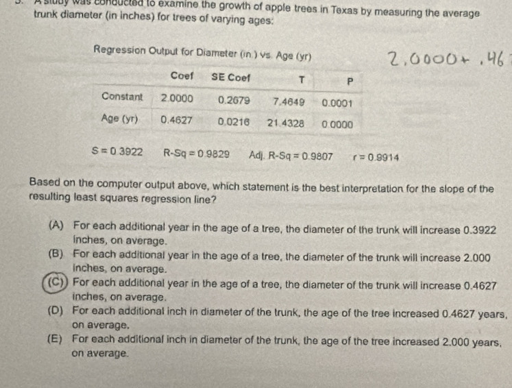 A sludy was conoucted to examine the growth of apple trees in Texas by measuring the average
trunk diameter (in inches) for trees of varying ages:
Regression Output for Diameter (in.) vs. Age (yr)
S=0.3922 R-Sq=0.9829 Adj. R-Sq=0.9807 r=0.9914
Based on the computer output above, which statement is the best interpretation for the slope of the
resulting least squares regression line?
(A) For each additional year in the age of a tree, the diameter of the trunk will increase 0.3922
inches, on average.
(B) For each additional year in the age of a tree, the diameter of the trunk will increase 2.000
inches, on average.
(C)) For each additional year in the age of a tree, the diameter of the trunk will increase 0.4627
inches, on average.
(D) For each additional inch in diameter of the trunk, the age of the tree increased 0.4627 years,
on average.
(E) For each additional inch in diameter of the trunk, the age of the tree increased 2.000 years,
on average.