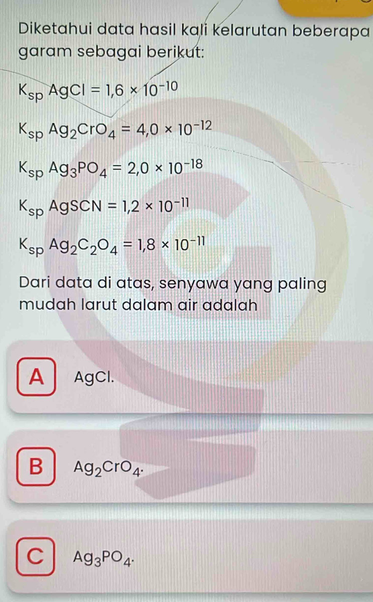 Diketahui data hasil kali kelarutan beberapa
garam sebagai berikut:
K_spAgCl=1,6* 10^(-10)
K_spAg_2CrO_4=4, 0* 10^(-12)
K_spAg_3PO_4=2,0* 10^(-18)
K_spAgSCN=1,2* 10^(-11)
K_spAg_2C_2O_4=1,8* 10^(-11)
Dari data di atas, senyawa yang paling
mudah larut dalam air adalah
A AgCl.
B Ag_2CrO_4.
C Ag_3PO_4.