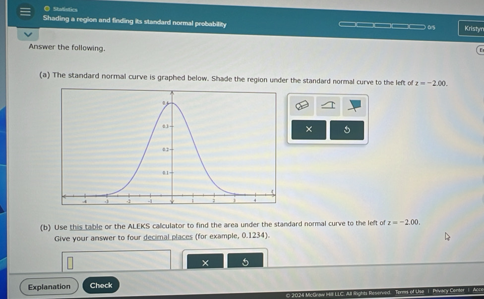 ● Statistics 
Shading a region and finding its standard normal probability 
0/5 Kristyn 
Answer the following. 
E 
(a) The standard normal curve is graphed below. Shade the region under the standard normal curve to the left of z=-2.00. 
× 
(b) Use this table or the ALEKS calculator to find the area under the standard normal curve to the left of z=-2.00. 
Give your answer to four decimal places (for example, 0.1234). 
Explanation Check 
© 2024 McGraw Hill LLC. All Rights Reserved. Terms of Use | Privacy Center | Acce