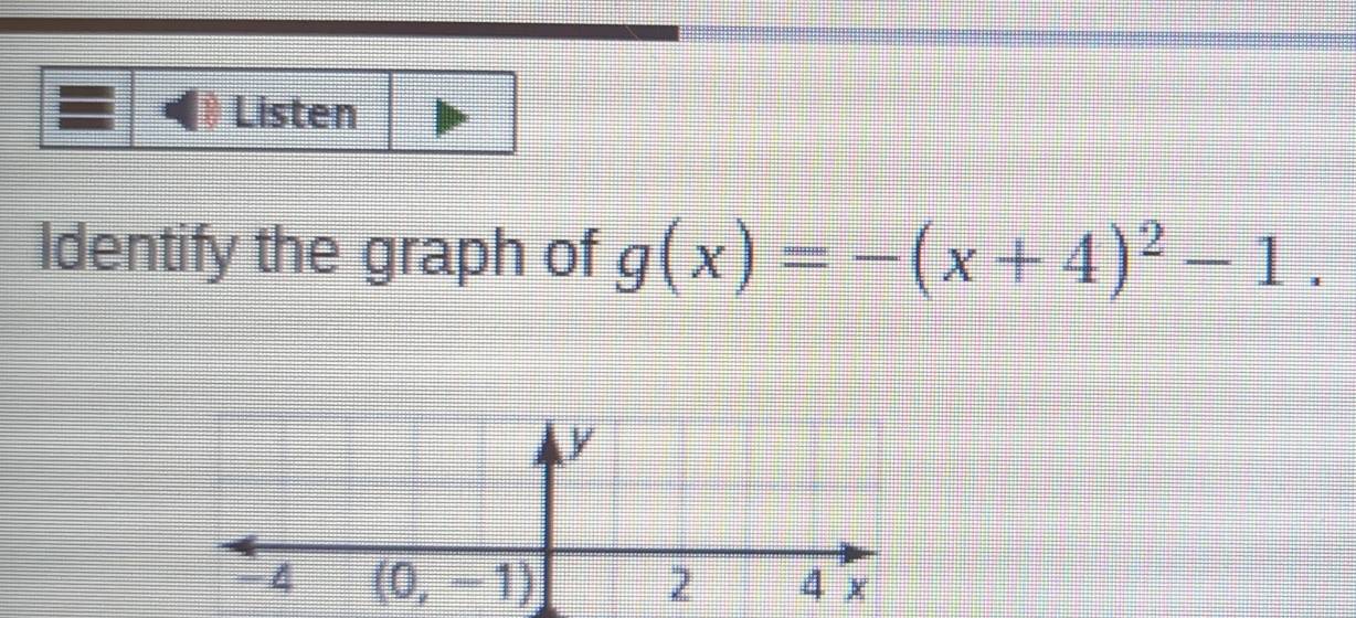 Listen
Identify the graph of g(x)=-(x+4)^2-1.