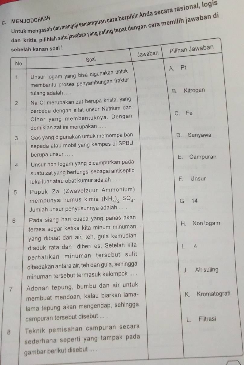 Unh dan menguji kemampuan cara berpikir Anda secara rasional, logis
C. MENJODOHKAN
da dengan cara memilih jawaban di
se
N
1
2
3
4
5
6
7
fi
8
gambar berikut disebut ... .