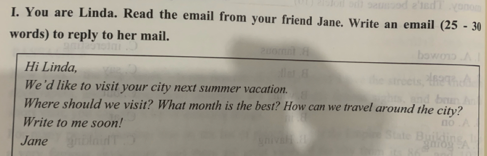 You are Linda. Read the email from your friend Jane. Write an email (25-30
words) to reply to her mail. 
Hi Linda, 
We'd like to visit your city next summer vacation. 
Where should we visit? What month is the best? How can we travel around the city? 
Write to me soon! 
Jane