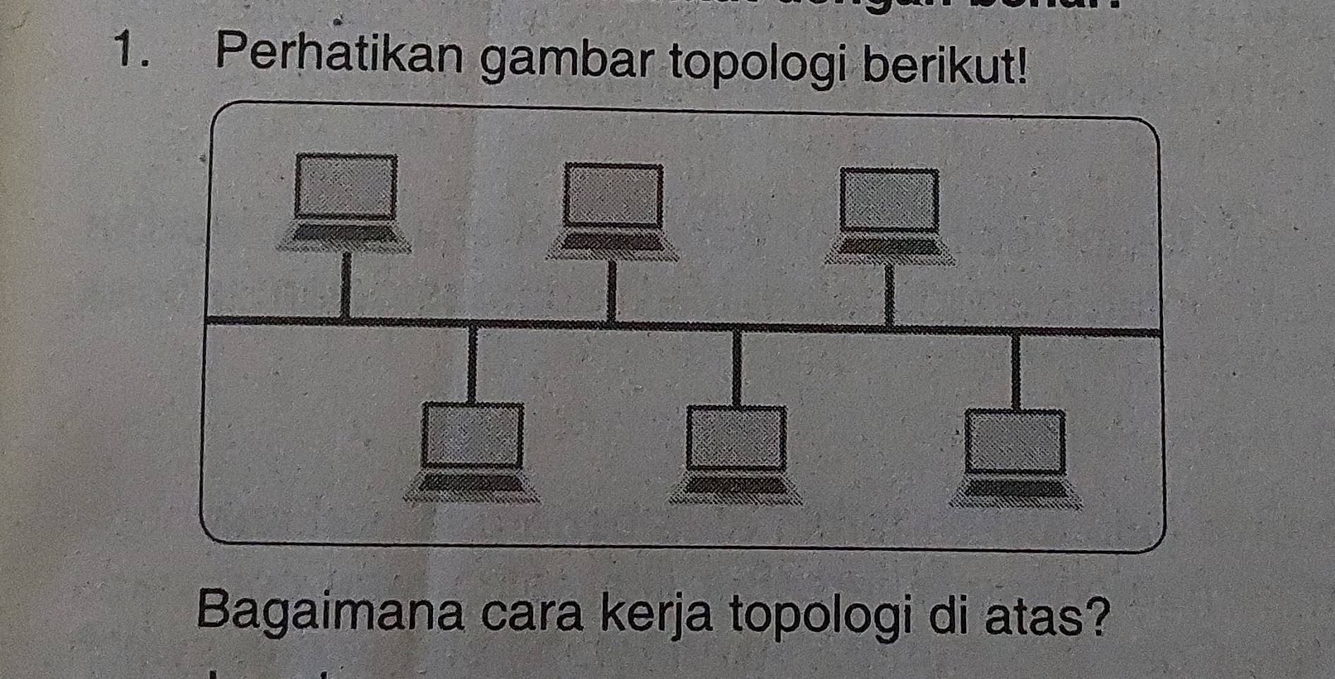 Perhatikan gambar topologi berikut!
Bagaimana cara kerja topologi di atas?