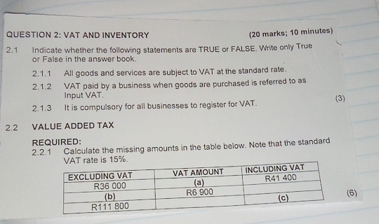 VAT AND INVENTORY (20 marks; 10 minutes) 
2.1 Indicate whether the following statements are TRUE or FALSE. Write only True 
or False in the answer book. 
2.1.1 All goods and services are subject to VAT at the standard rate. 
2.1.2 VAT paid by a business when goods are purchased is referred to as 
Input VAT. 
2.1.3 It is compulsory for all businesses to register for VAT. (3) 
2.2 VALUE ADDED TAX 
REQUIRED: 
2.2.1 Calculate the missing amounts in the table below. Note that the standard 
(6)