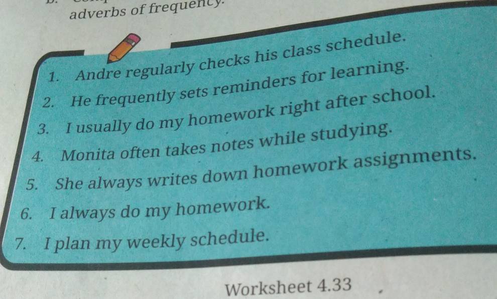 adverbs of frequency. 
1. Andre regularly checks his class schedule. 
2. He frequently sets reminders for learning. 
3. I usually do my homework right after school. 
4. Monita often takes notes while studying. 
5. She always writes down homework assignments. 
6. I always do my homework. 
7. I plan my weekly schedule. 
Worksheet 4.33