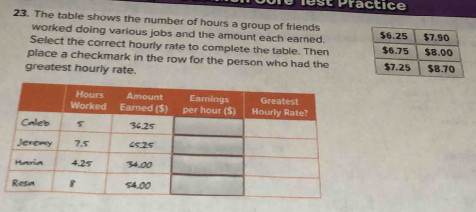 lest Practice 
23. The table shows the number of hours a group of friends 
worked doing various jobs and the amount each earned. 
Select the correct hourly rate to complete the table. Then 
place a checkmark in the row for the person who had the 
greatest hourly rate.