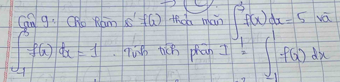 Can g: Oho Ram S'F(x) thoa man ∈t _1^(3f(x)dx=5x
∈t _(-1)^3f(x)dx=1 Tun t(n phān 11 frac 1)2=(f(x))dx