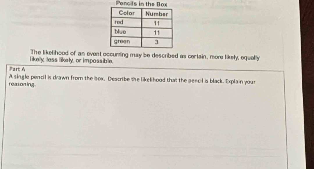 Pencils in the Box 
The likelihood of an event occurring may be described as certain, more likely, equally 
likely, less likely, or impossible. 
Part A 
A single pencil is drawn from the box. Describe the likelihood that the pencil is black. Explain your 
reasoning.