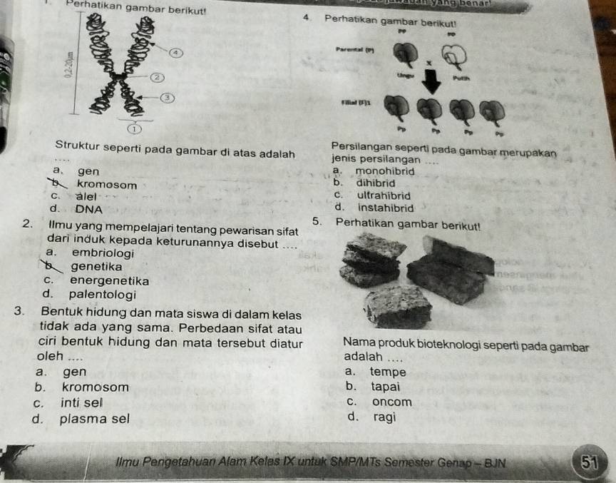 Perhatikan gambar berikut! 4. Perhatikan gambar berikut!
4
Persilangan seperti pada gambar merupakan
Struktur seperti pada gambar di atas adalah jenis persilangan
a. gen a. monohibrid
b kromosom b. dihibrid
c. alel c. ultrahibrid
d. DNA
d. instahibrid
2. Ilmu yang mempelajari tentang pewarisan sifat 5. Perhatikan gambar berikut!
dari induk kepada keturunannya disebut ....
a. embriologi
b genetika
c. energenetika
d. palentologi
3. Bentuk hidung dan mata siswa di dalam kelas
tidak ada yang sama. Perbedaan sifat atau
ciri bentuk hidung dan mata tersebut diatur Nama produk bioteknologi seperti pada gambar
oleh .... adalah ....
a. gen a. tempe
b. kromosom b. tapai
c. inti sel c. oncom
d. plasma sel d. ragi
Ilmu Pengetahuan Alam Keløs IX untuk SMP/MTs Semester Genap - BJN 51