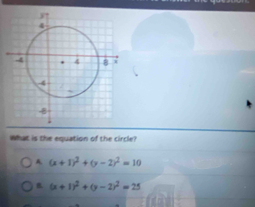 What is the equation of the circle?
A. (x+1)^2+(y-2)^2=10
B. (x+1)^2+(y-2)^2=25