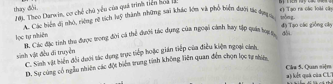 thay đổi.
10). Theo Darwin, cơ chế chủ yếu của quá trình tiên hoa là:
Bộ Tich luy các biển đi
c) Tạo ra các loài cây
A. Các biến dị nhỏ, riêng rẽ tích luỹ thành những sai khác lớn và phổ biến dưới tác dụng của trồng.
d) Tạo các giống cây
lọc tự nhiên B. Các đặc tính thu được trong đời cá thể dưới tác dụng của ngoại cảnh hay tập quán hoạt độn đồi.
sinh vật đều di truyền
C. Sinh vật biến đổi dưới tác dụng trực tiếp hoặc gián tiếp của điều kiện ngoại cảnh.
D. Sự củng cố ngẫu nhiên các đột biến trung tính không liên quan đến chọn lọc tự nhiên.
Câu 5. Quan niệm
a) kết quả của CLT
n di là cá thể