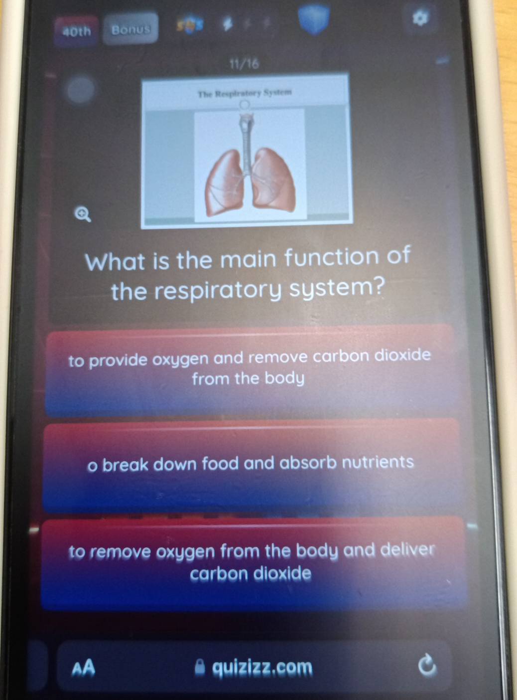 40th Bonus
11/16
What is the main function of
the respiratory system?
to provide oxygen and remove carbon dioxide
from the body
o break down food and absorb nutrients
to remove oxygen from the body and deliver
carbon dioxide
AA quizizz.com