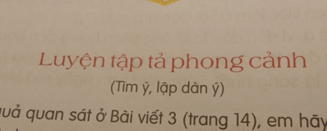 Luyện tập tả phong cảnh 
(Tìm ý, lập dàn ý) 
quả quan sát ở Bài viết 3 (trang 14), em hãy