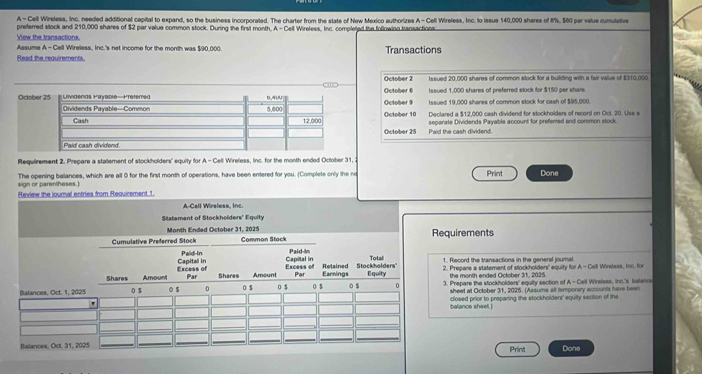 A - Cell Wireless, Inc. needed additional capital to expand, so the business incorporated. The charter from the state of New Mexico authorizes A - Cell Wireless, Inc. to issue 140,000 shares of 8%, $80 par value cumulative 
preferred stock and 210,000 shares of $2 par value common stock. During the first month, A - Cell Wireless, Inc. completed the following transactions 
View the transactions 
Assume A - Cell Wireless, Inc.'s net income for the month was $90,000. Transactions 
Read the requirements. 
October 2 Issued 20,000 shares of common stock for a building with a fair value of $310,000
Issued 1,000 shares of preferred stock for $150 per share. 
OctobOctober 6 October 9 Issued 19,000 shares of common stock for cash of $95,000. 
October 10 Declared a $12,000 cash dividend for stockholders of record on Oct. 20. Use a 
separate Dividends Payable account for preferred and common stock. 
October 25 Paid the cash dividend. 
Requirement 2. Prepare a statement of stockholders' equity for A - Cell Wireless, Inc. for the month ended October 31, 
The opening balances, which are all 0 for the first month of operations, have been entered for you. (Complete only the ne Print Done 
sign or parentheses.) 
Review the journal entries from Requirement 1 
A-Cell Wireless, Inc. 
Statement of Stockholders' Equity 
Month Ended October 31, 2025 Requirements 
. Record the transactions in the general journal 
. Prepare a statement of stockholders' equity for A - Cell Wireless, Inc. for 
the month ended October 31, 2025 
. Prepare the stockholders' equity section of A - Cell Wireless, Inc.'s balance 
sheet at October 31, 2025. (Assume all temporary accounts have been 
balance sheet.) closed prior to preparing the stockholders' equity section of the 
Print Done